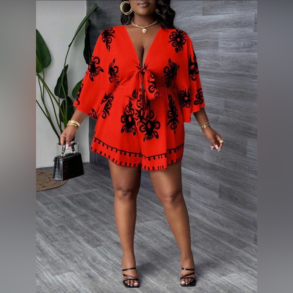 Red V-Neck Floral Tie-Front Romper